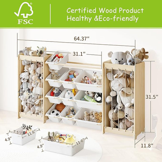 EXPERLAM Large Toy Storage Organizer, Wooden Stuffed Animal Storage & 12-Bins Toy Organizer, Double-Sided Plush Toy Holder Featuring Thicker Ropes, Space Save Playroom Nursery Bedroom Storage, White