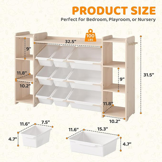 GITAWUSA Toy Storage Organizer, Kids Bookshelf with 6 Shelves, 9 Toy Bins & 6 Hooks | Toy Shelf, Storage Bin Unit, Toy Organization for Playroom, Nursery, Bedroom, Toddler Room | Wood & White