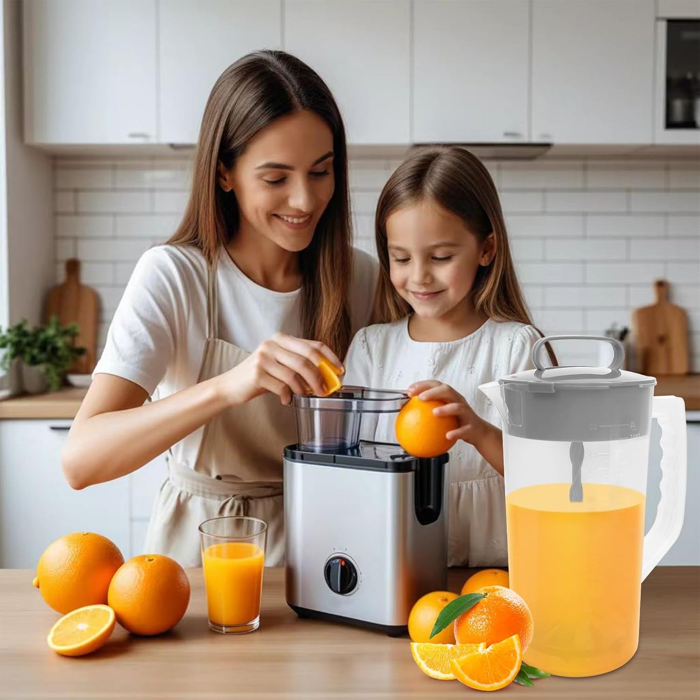 1 Pack Mixing Pitcher for Drinks 2 Quart/ 64oz Plastic Water Pitcher with Lid，Easy-Mix Juice Container，Angled Plastic Blades and Adjustable Mixer Plunger for Juice, Tea, Beverage Container
