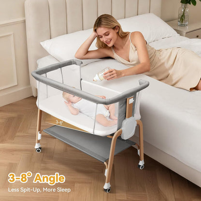 Bassinet Bedside Sleeper, Bedside Bassinet for Newborn, Baby Bassinet with 5 Adjustable Height, Rocking Bassinet with Wheels, Breathable Mesh & Mattress, Easy Folding Portable Bedside Crib（Dark Gray)