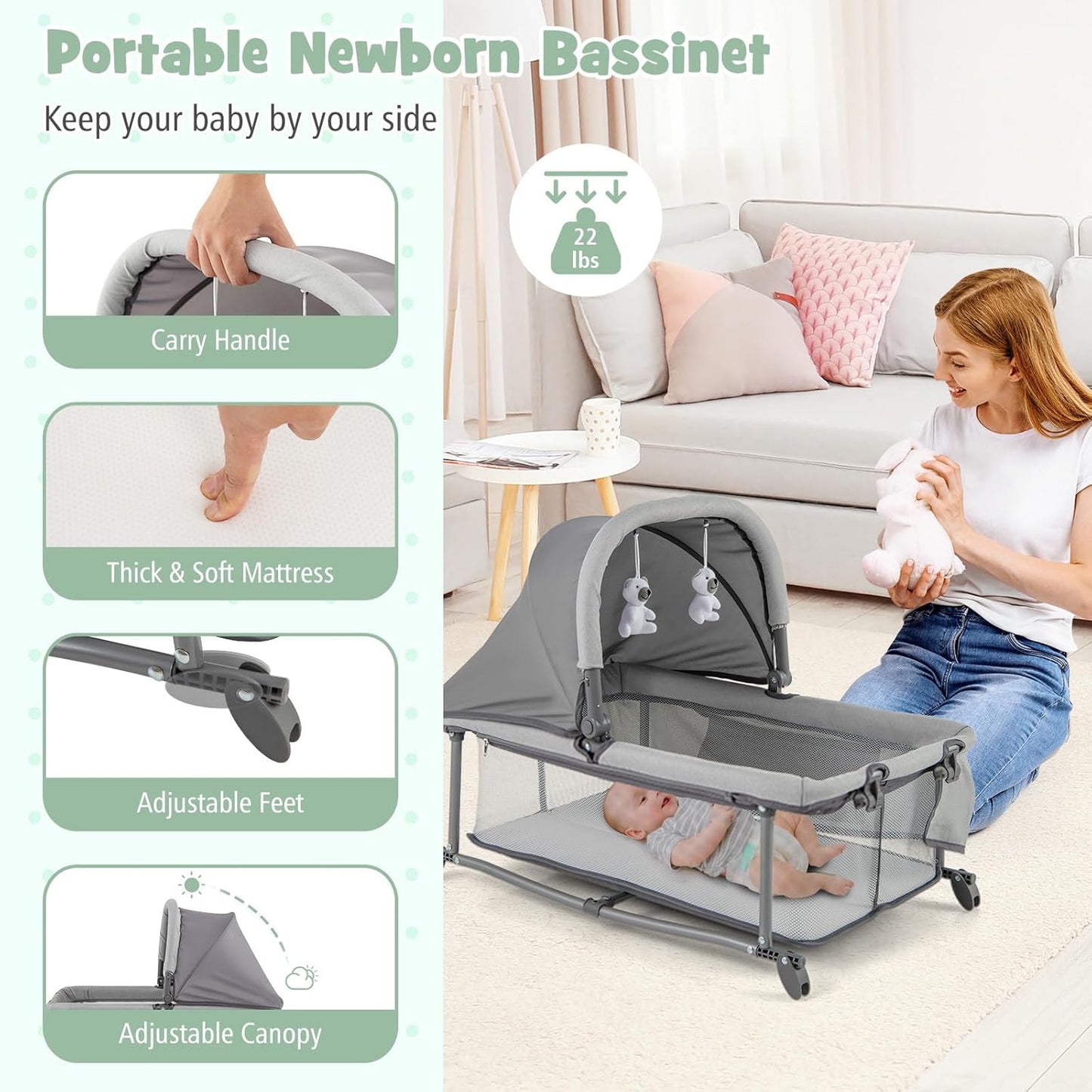 HONEY JOY Pack and Play, 5 in 1 Portable Infant Playpen with Bassinet & Changing Table, Storage Bag, Music Box, Toys, Carry Bag, Nursery Center, Baby Playard Pack n Play Crib for Boys Girls