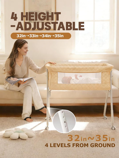 Baby Bassinet Bedside Sleeper - Upgrade Safety Bassinets with Crib Sheet, Easy to Move, 4 Adjustable Height Bedside Bassinet for Infant Newborn, Cream | More Safer, Easy Move, Storage Bag, Waterproof Sheet, Storage Bag, Easy to Install