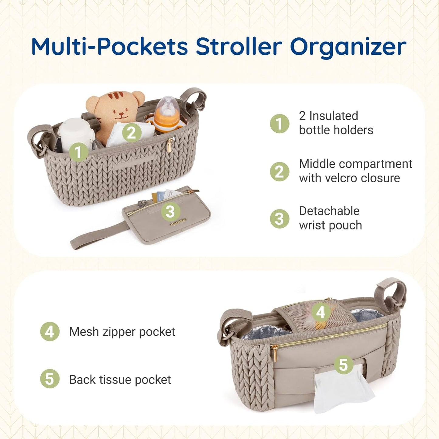 mommore Stroller Organizer with Insulated Cup Holders, Adjustable Stroller Caddy with Detachable Phone Bag, Stroller Accessories Fits for Uppababy, Doona, Jogger, Britax (Black)