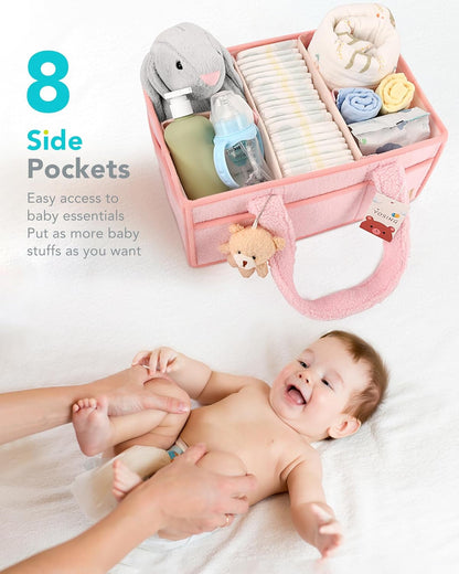 YOSING Cute and Playful Pink Diaper Caddy Organizer, 13 Compartments, Adjustable, Baby Diaper Caddy for Car, Changing Table, Nursery Storage, Car Organizer for Diapers and Baby Wipes