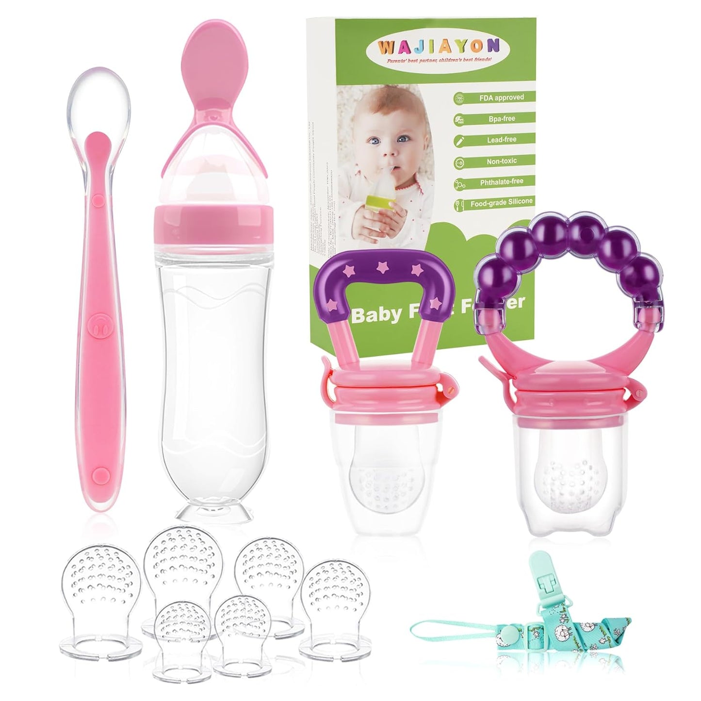 WAJIAYON Baby Fruit Feeder Pacifier - 12 Pack | 2 Infant Food Feeder Pacifier & 1 Babies Food Dispensing Spoon | Fresh Fruit Teethers for Babies | Silicone Feeder Baby,Infant Teething Feeders(Green)