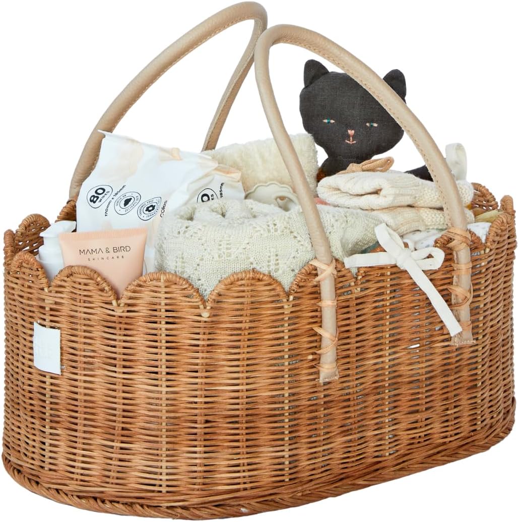 BEBE BASK Premium Baby Diaper Caddy Organizer - Handmade & Award-Winning Scalloped Rattan Basket - Luxury Diaper Caddy Basket - Elegant Scalloped Edge (Natural)