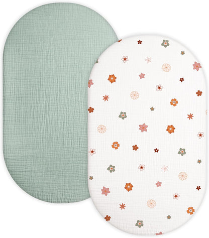 Muslin Bedside Bassinet Sheets 2 Pack, 33x20 Fitted Ultra Soft & Breathable Bedside Sleeper Sheets, Ideal for Baby Girl and Boy, Perfect for Newborns (Hopping Bunnies & Beige)