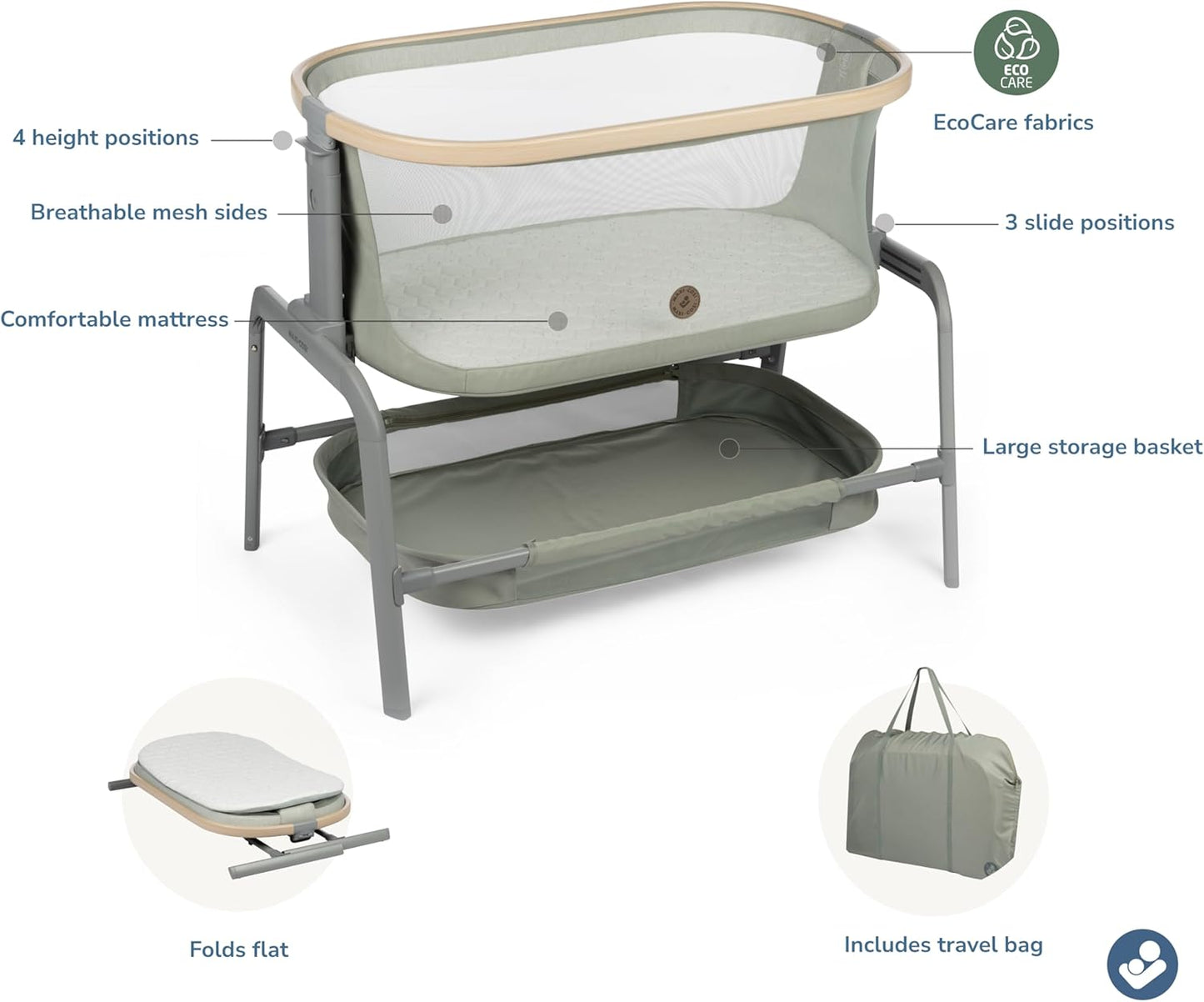 Maxi-Cosi Iora Baby Bassinets Bedside Sleeper, Portable Bassinet, Infant Bedside Sleeper Crib, Height Adjustable, Breathable Mesh, Large Storage Basket, Truffle