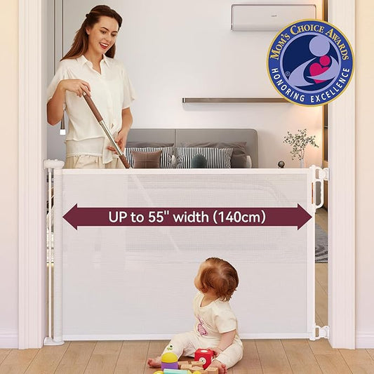 Momcozy Retractable Mesh Baby Gate or Dog Gate, Child Safety Gate for Indoor or Outdoor, 33-inches Tall with up to 55-inches Wide Extension, White