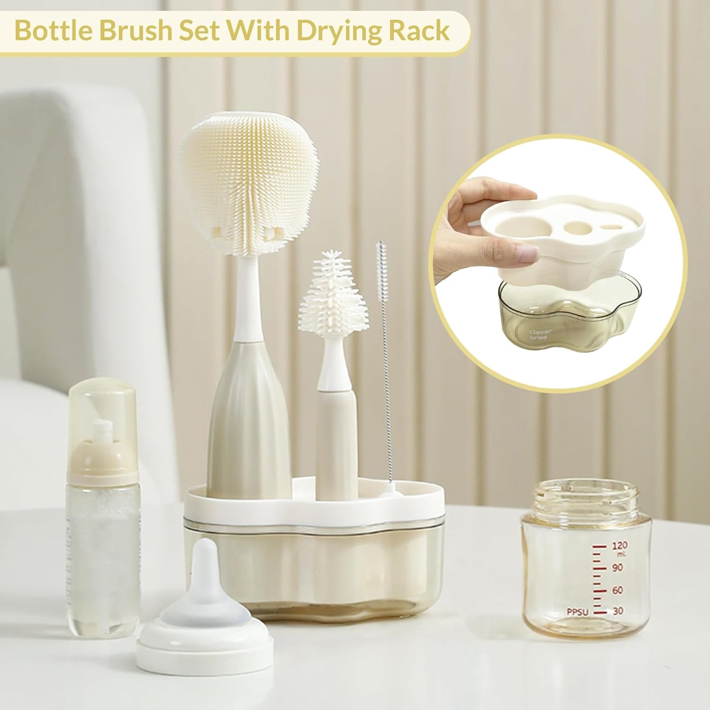 Baby Bottle Brush Kit with Push-Press Bubble and Drying Rack for Bottle Cleaning, Bendable Bottle Cleaner Brush for Baby Bottles, Breast Pumps, Nipples, Straws and More. Perfect for Home&Travel (Pink)