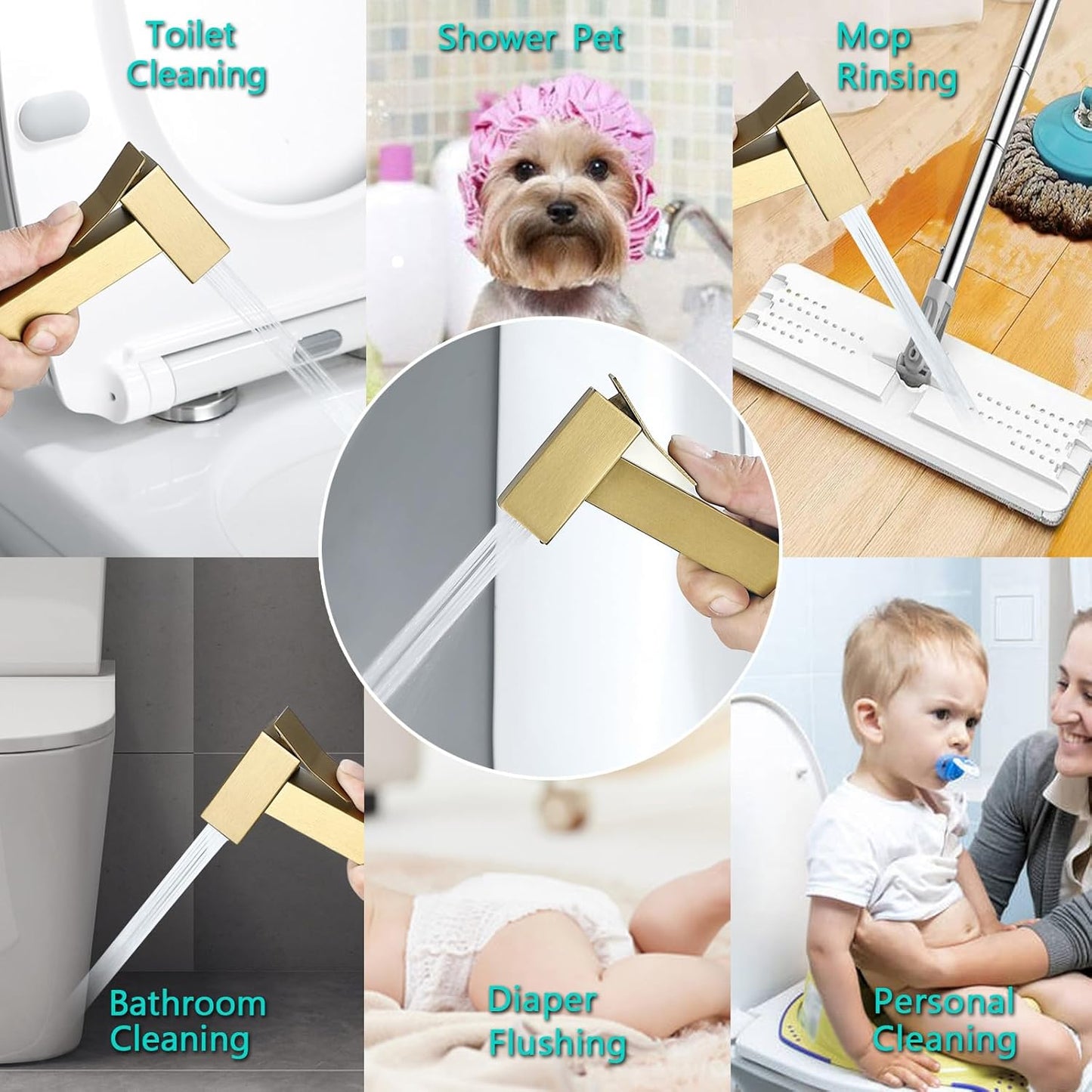 BARROCK Warm Water Bidet Sprayer Faucet for Toilet with Hot and Cold Brass Rough-in Valve, Stainless Steel Square Handheld Bidet Attachment Set For Feminine, Pets and Baby Diaper Washing, Brushed Gold