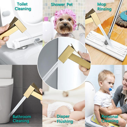 BARROCK Warm Water Bidet Sprayer Faucet for Toilet with Hot and Cold Brass Rough-in Valve, Stainless Steel Square Handheld Bidet Attachment Set For Feminine, Pets and Baby Diaper Washing, Brushed Gold