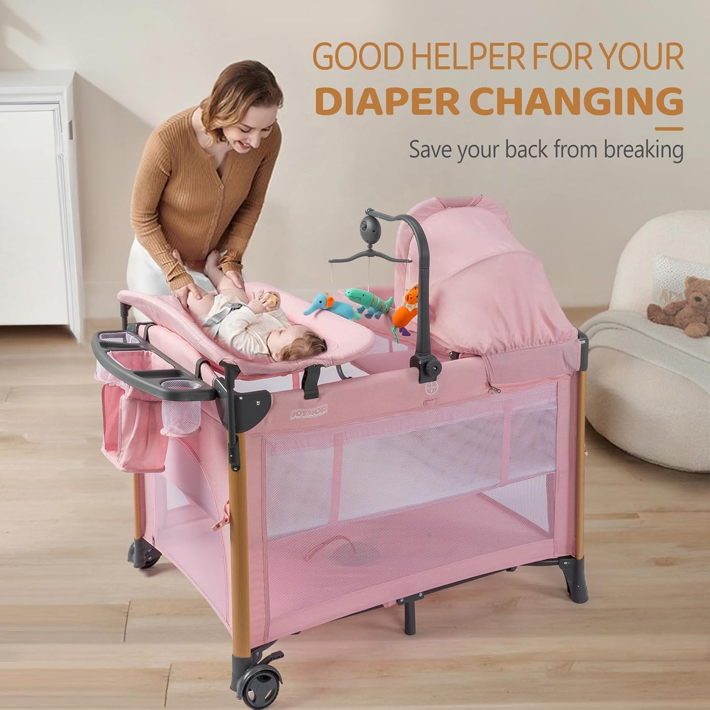 JOYMOR 7 in 1 Bedside Bassinet with Changing Table, All in One Nursery Center, Bedside Sleeper with Mattress, Sheet, Canopy, Storage Shelf,Gray