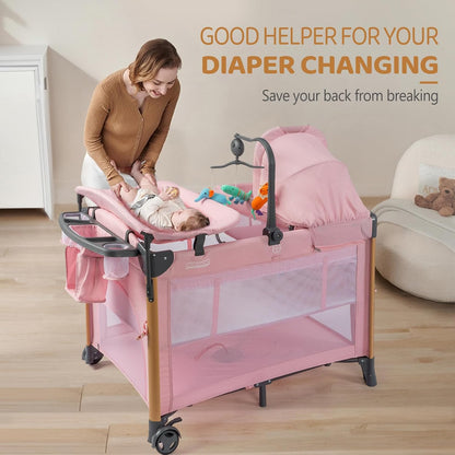JOYMOR 7 in 1 Bedside Bassinet with Changing Table, All in One Nursery Center, Bedside Sleeper with Mattress, Sheet, Canopy, Storage Shelf,Gray