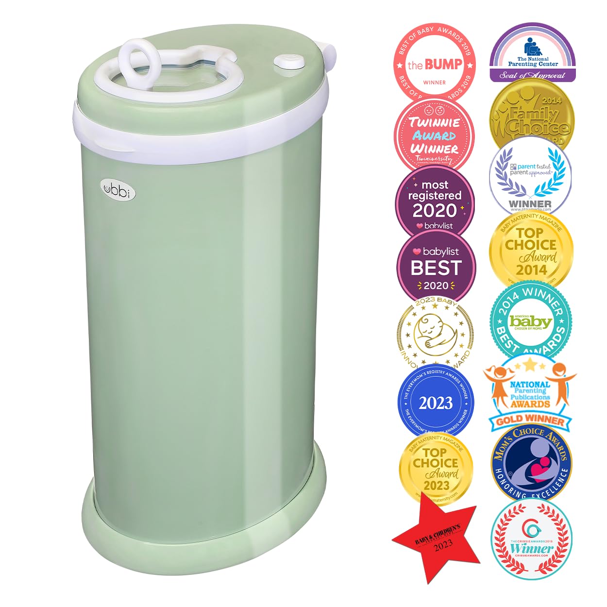 Ubbi Steel Diaper Pail & On-The-Go Diaper Bag Dispenser for Travel with Lavender-Scented Bags Baby Registry Must-Have Bundle, Sage Green