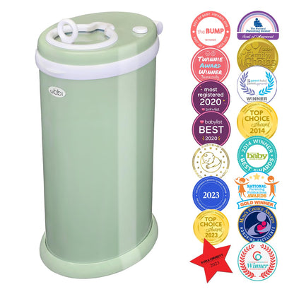 Ubbi Steel Diaper Pail & On-The-Go Diaper Bag Dispenser for Travel with Lavender-Scented Bags Baby Registry Must-Have Bundle, Sage Green