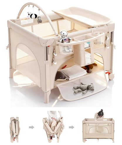 4 in 1 Baby Bassinet Bedside Crib with One-Hand Setup & Waterproof Mattress – ASTM-Certified Pack and Play, Portable Foldable Playard with Diaper Changer for Newborn to Toddler(Black)