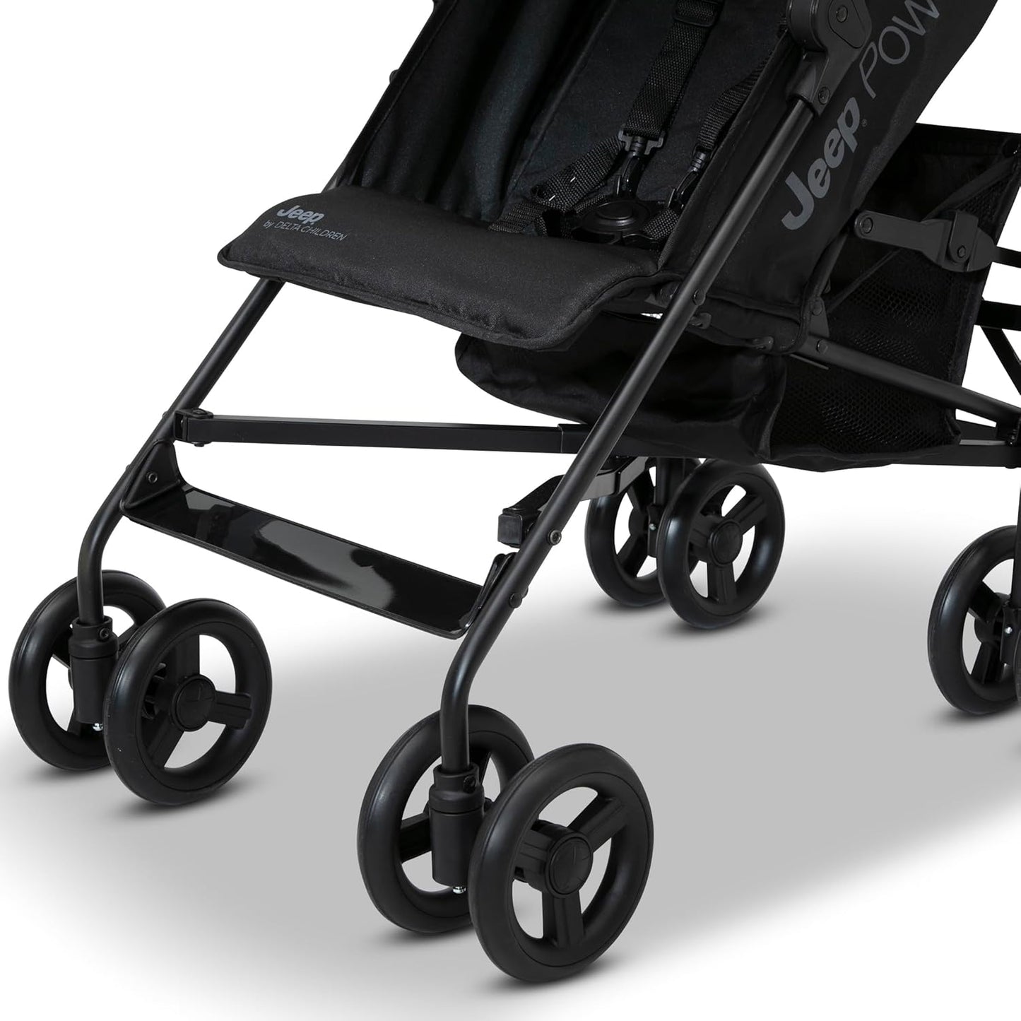 Jeep AdventureGlyde Stroller by Delta Children - Lightweight Travel Stroller with Smoothest Ride & Compact Fold, 3-Position Recline, Extra Large Storage Basket, Black/Grey