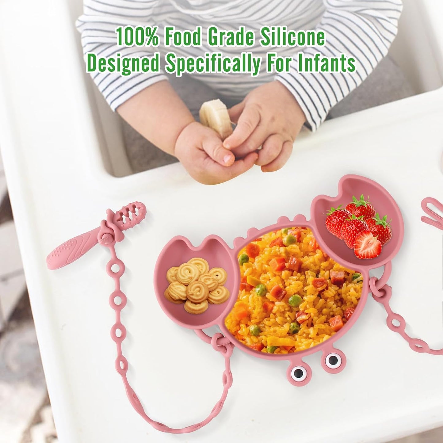 Silicone Baby Feeding Set, 8-Piece Baby Led Weaning Supplies Included Toddler Suction Plate, Bowl, Cup, 3 Spoons & 2 Safety Straps Keep Spoon, Fork & Bottle Off The Floor for Self-Feeding (Blue)