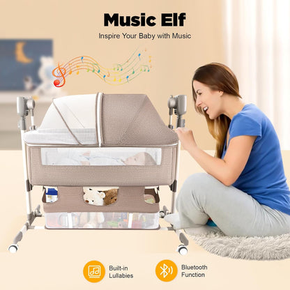 CNCEST Smart Electric Baby Bassinet Bedside Sleeper,Music Play,Automatic Cradle with 3 Speed Timing,5 Speed Wobbling,Portable Baby Bed Height Adjustable Crib,Nets+Mattresses