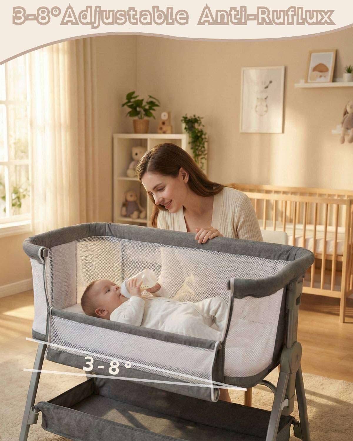 Bedside Bassinet for Baby, Sturdy 3 in 1 Bedside Sleeper with Mattress & Wheels, Height Adjustable, Breathable Mesh, Storage Basket, Easy to Assemble for Newborn, Grey