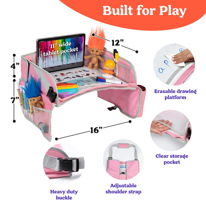 PILLANI Kids Travel Tray for Car Seat - Carseat Tray w/ iPad Holder & Dry Erase Board, Road Trip Activities - Toddler Lap Desk Organizer for Airplane - Roadtrip & Travel Essentials - Pack of 2, Pink