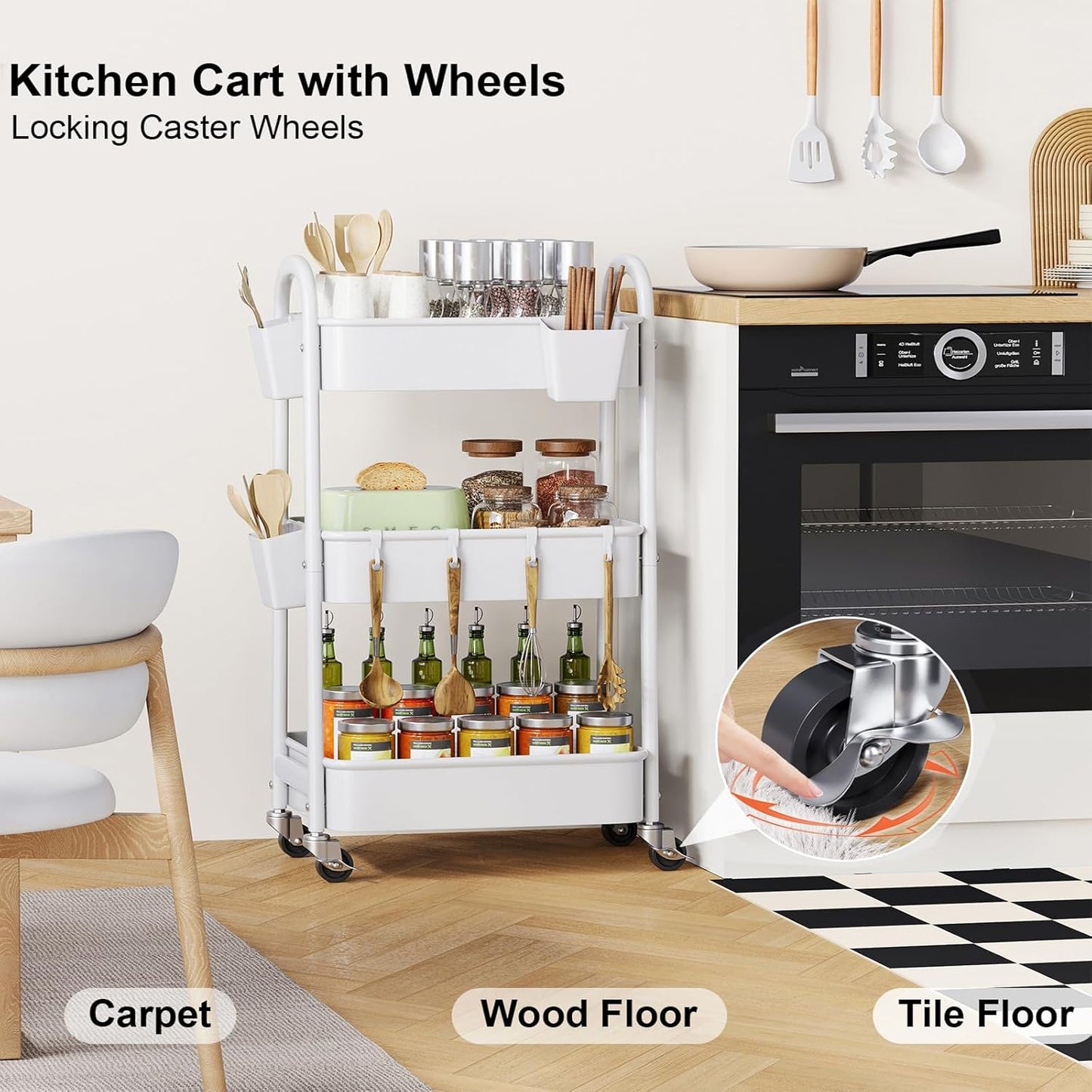 Beige 3 Tier Rolling Cart Metal on Wheels, Three Tiered Storage Organizer Utility Trolley with Wheels for Art, Craft, Baby Diaper Caddy, Snack, Book, Nail, Lash, Cleaning Supplies, Kitchen, Bathroom