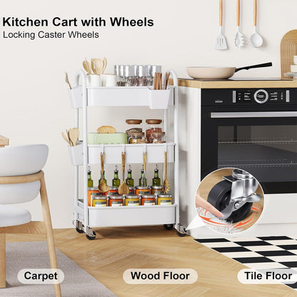 Beige 3 Tier Rolling Cart Metal on Wheels, Three Tiered Storage Organizer Utility Trolley with Wheels for Art, Craft, Baby Diaper Caddy, Snack, Book, Nail, Lash, Cleaning Supplies, Kitchen, Bathroom