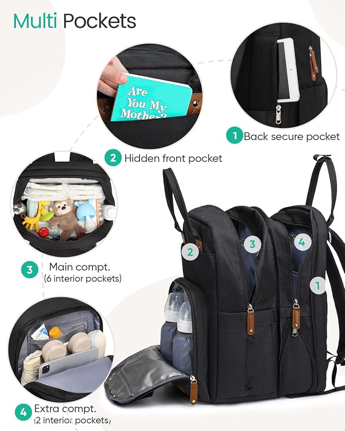 Qualyphant Extra Large Diaper Bag Backpack for Two Kids Twins - Expandable Baby Bag (26-36L), Dual Big Compartments - Includes Changing Pad & Stroller Straps, Unisex Black