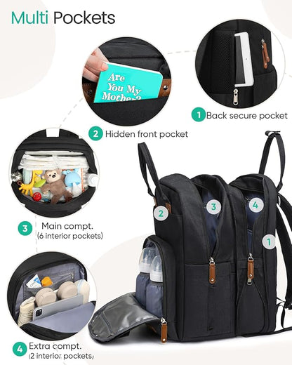 Qualyphant Extra Large Diaper Bag Backpack for Two Kids Twins - Expandable Baby Bag (26-36L), Dual Big Compartments - Includes Changing Pad & Stroller Straps, Unisex Black