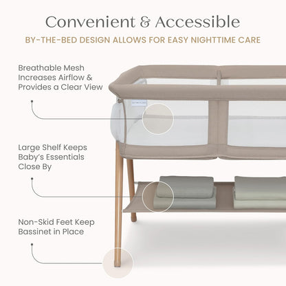 Delta Children Bondi Adjustable Height Bedside Beechwood Bassinet with PureAir Mesh Sheet and FSC-Certified Wood, Tan