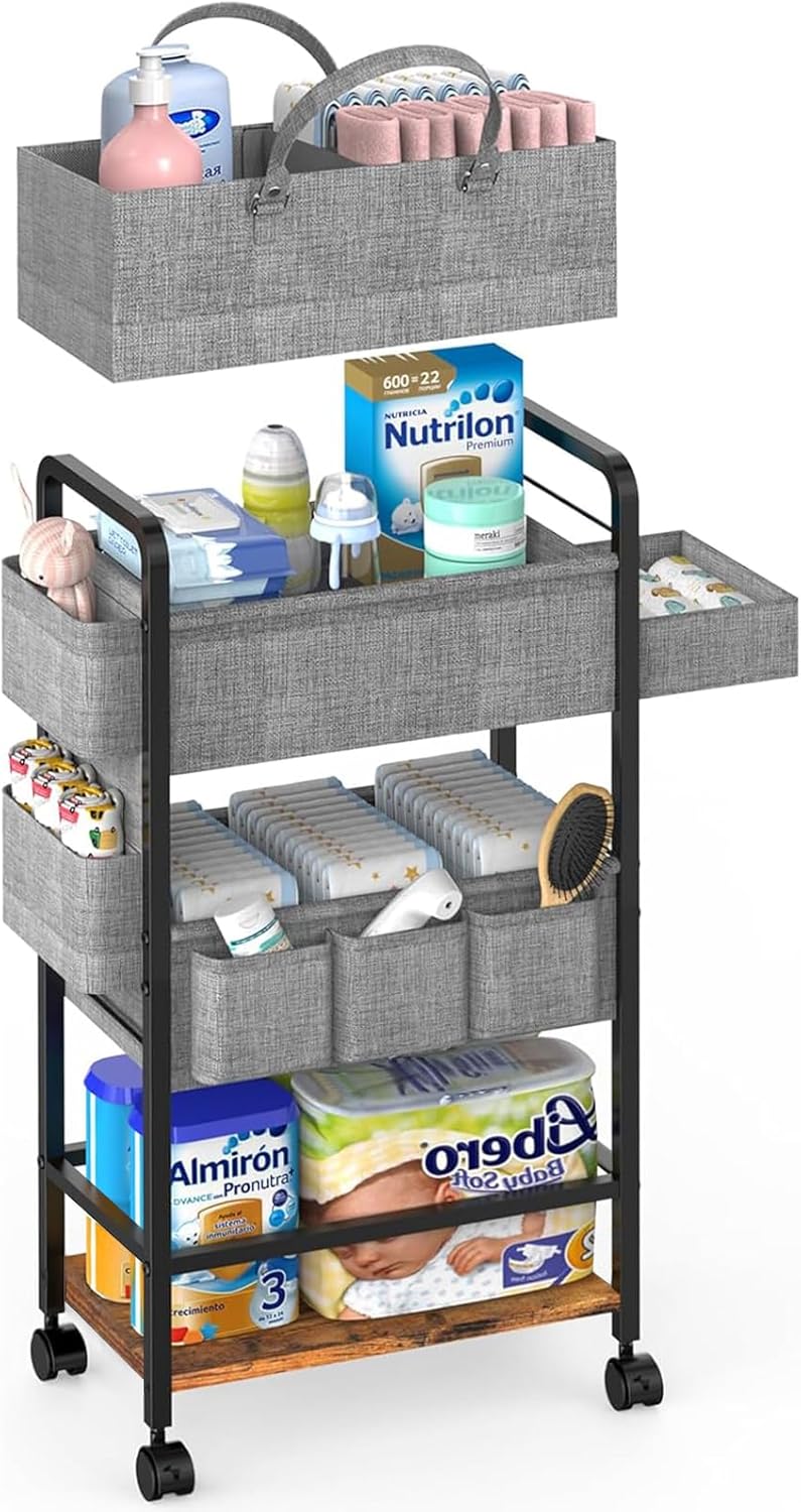 LIDTOP 2In1 Baby Diaper Caddy & 3-Tier Rolling Diaper Cart, Diaper Caddy Organizer Cart with Dividers, Mobile Metal Utility Cart for Nursery Essentials, Detachable Bedside Cart, Large Capacity