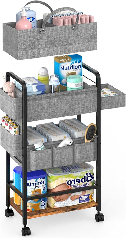 LIDTOP 2In1 Baby Diaper Caddy & 3-Tier Rolling Diaper Cart, Diaper Caddy Organizer Cart with Dividers, Mobile Metal Utility Cart for Nursery Essentials, Detachable Bedside Cart, Large Capacity