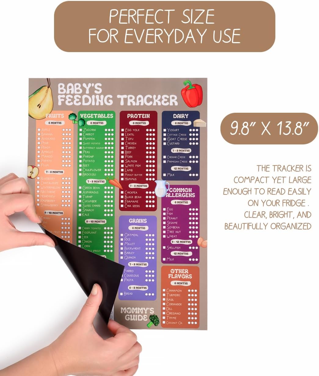 Baby Food Tracker Magnet Board, Baby Food Chart for Fridge - 101 Foods Before 1 Checklist Magnet, Glossy Laminated Monthly Baby First Food Tracker with 2 Magnetic Markers & Baby Food List - 35 x 25 cm