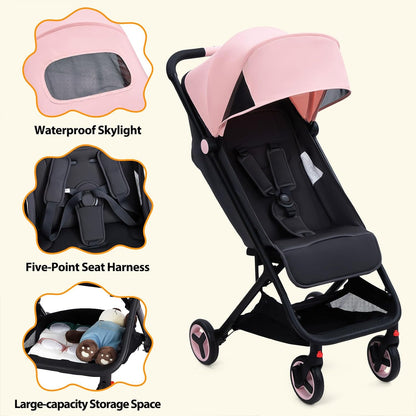 Lightweight Baby Stroller, Compact One-Hand Fold Travel Stroller Airplane Friendly, Reclining Infant Stroller with 5-Point Harness & Adjustable Canopy, All-Terrain Stroller for Toddlers 6-36 Months