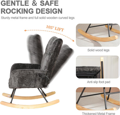 Rocking Chair Nursery with Airbag, Comfy Modern Nursery Rocking Reading Chair indoor with Footrest, Cozy Upholstered Glider Rocker Chairs for Living Room Bedroom Offices(Chenille, Dark Grey)