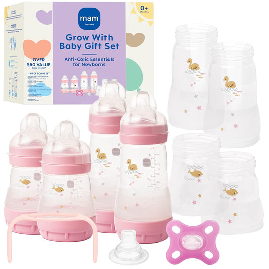 MAM Grow with Baby Anti-Colic Bottle Set – 4 Easy Start Bottles (5oz & 9oz) with Trainer Handles & Spout, Comfort Newborn Pacifier, Extra Bottle Bodies & Nipples, Self-Sterilizing Baby Feeding System