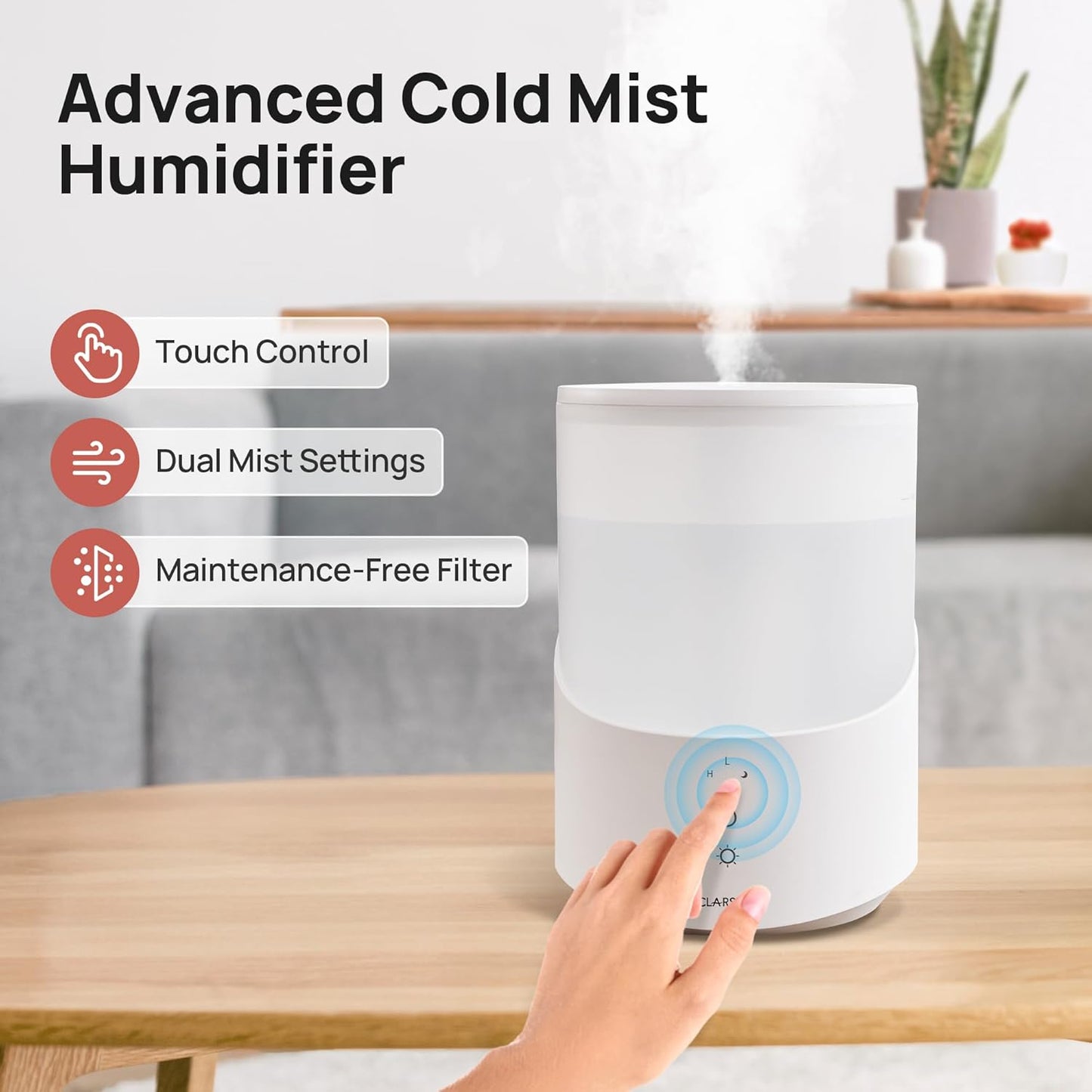 Clarston Humidifiers for Bedroom, 2L Top Fill with 360° Nozzle for Large Room, 7-Color Night Light, 24dB Quiet Cool Mist Air Humidifier for Baby Nursery & Plants, No BPA, Auto Shut Off, Easy to Clean