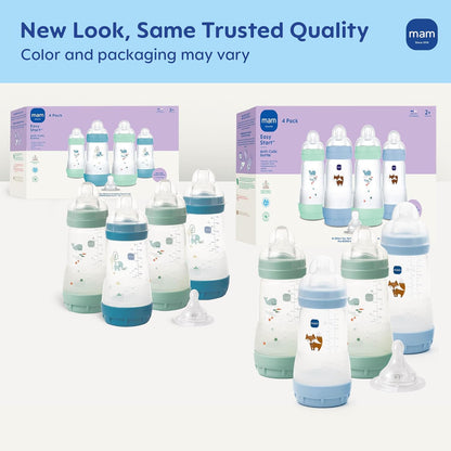 MAM 9oz Easy Start Anti-Colic+ Wide Neck Baby Bottle, Medium Flow Breastfeeding-Like Nipple, Reduces Colic Gas & Reflux, Easy To Clean, BPA Free, 2+ Months, Made In Europe, Bonus Fast Flow Nipple, Boy