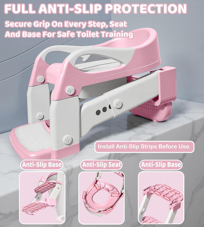2-in-1 Toddler Potty Training Toilet Seat with Step Stool Ladder – Adjustable Height Potty Chair Urinal for Baby Boys Girls Age 1-3, Foldable Training Potty with Splash Guard & Anti-Slip Feet, Grey