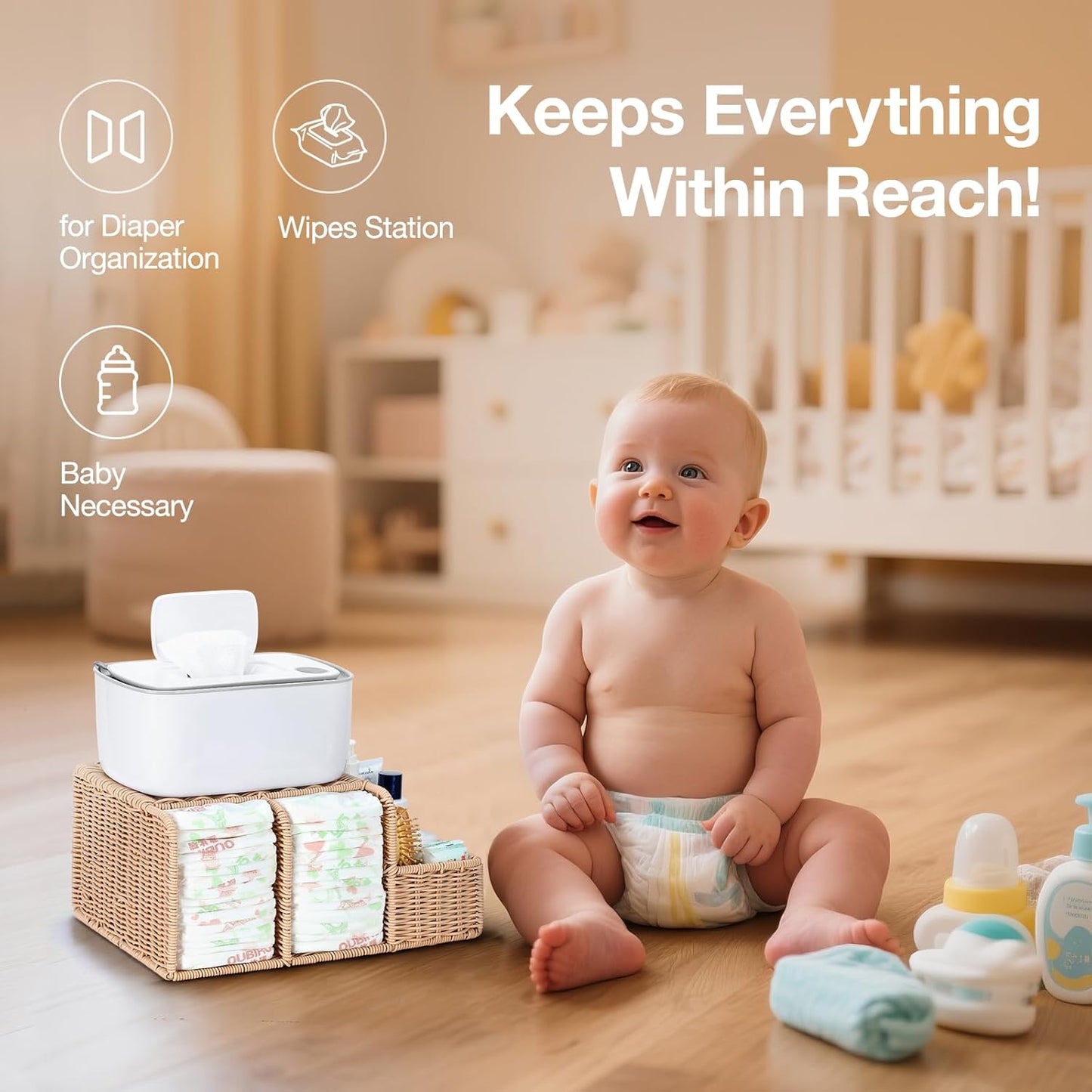 Diaper Caddy Organizer, Hand Rattan Nursery Storage Basket for Baby Essentials, Baby Changing Table Organizer Perfect Nursery Assistant (Natural Light Woven - Style 1, M)