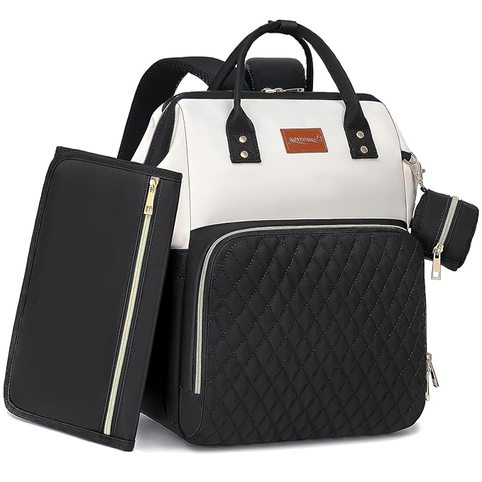 ROSEGIN Baby Diaper Bag Backpack with Changing Pad, Pacifier Case, for Boy Girl Toddler - Large, Stylish, Waterproof Travel Quilted Diaper Bag for Mom - Black/White