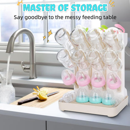 Baby Bottle Drying Rack: Space Saving Vertical Bottle Drying Holder with Brushes Holder - Large Bottle Storage Holder Organizer 12 Bottles & Baby Accessories,BPA-Free, Beige