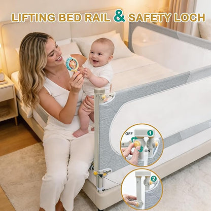 Bed Rail for Toddlers Twin, Full, Queen, King & Cal kingMattress Size | Swing Down Rail Guard | Mattress Side Rail for Kids (Gray and White, (3 Sides for Twin Size) 75x75x39 Inch)