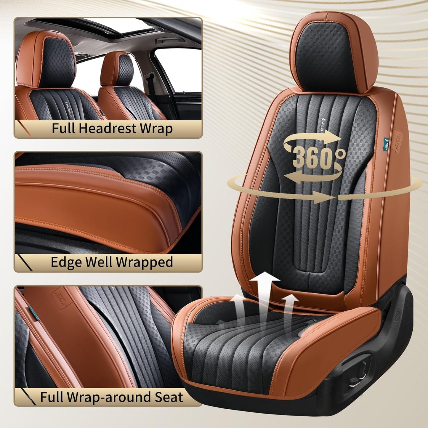 FLORICH Car Seat Covers, Brown Leather Seat Covers for Cars, Faux Nappa Leather Automotive Seat Protectors, Car Seat Cushions Universal Fit for Most Sedans SUVs Trucks - Brown