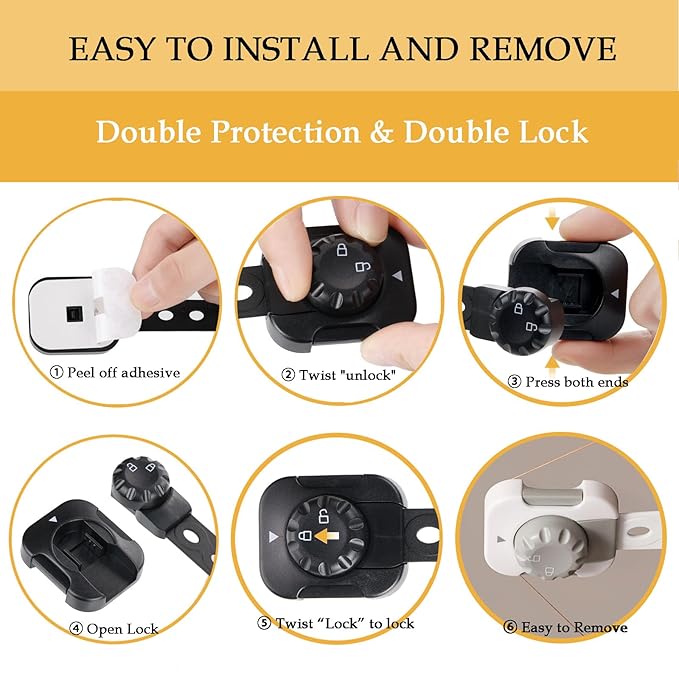 Cabinet Locks Baby Proofing, Child Safety Drawer Locks -Adjustable Child Safety Strap Locks Adhesive Baby Door Latch for Fridge Toilet Oven No Drill Furniture Kitchen Lock Black 2Pack