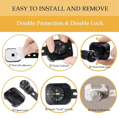 Cabinet Locks Baby Proofing, Child Safety Drawer Locks -Adjustable Child Safety Strap Locks Adhesive Baby Door Latch for Fridge Toilet Oven No Drill Multi-Purpose Furniture Kitchen Lock Black 6 Pack