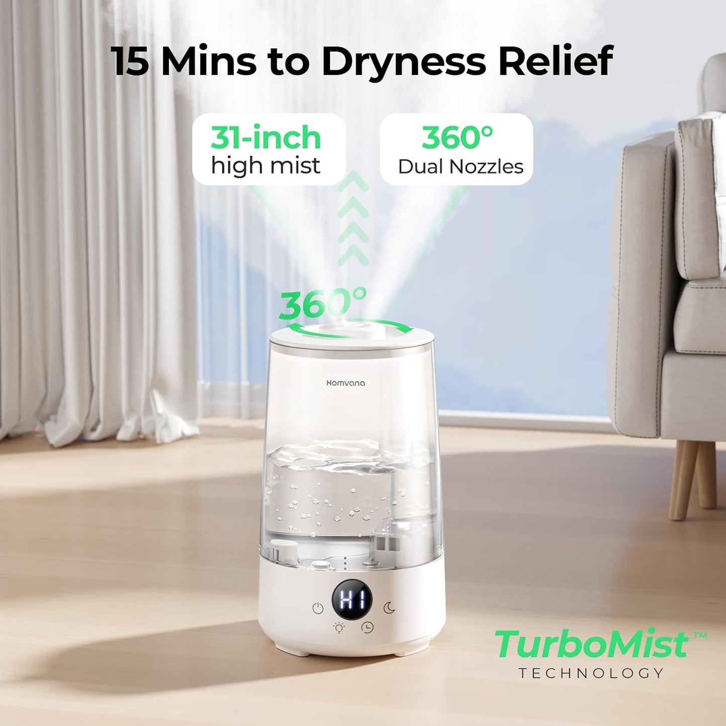 Homvana Humidifiers for Bedroom Home, 3.6 L Cool Mist Top-Fill 34H Super Long Time, Quiet 23dB, Baby Humidifier, Oil Diffuser for Large Room, House, Plant, Nursery, Office, BPA FREE, Ultrasonic (Grey)
