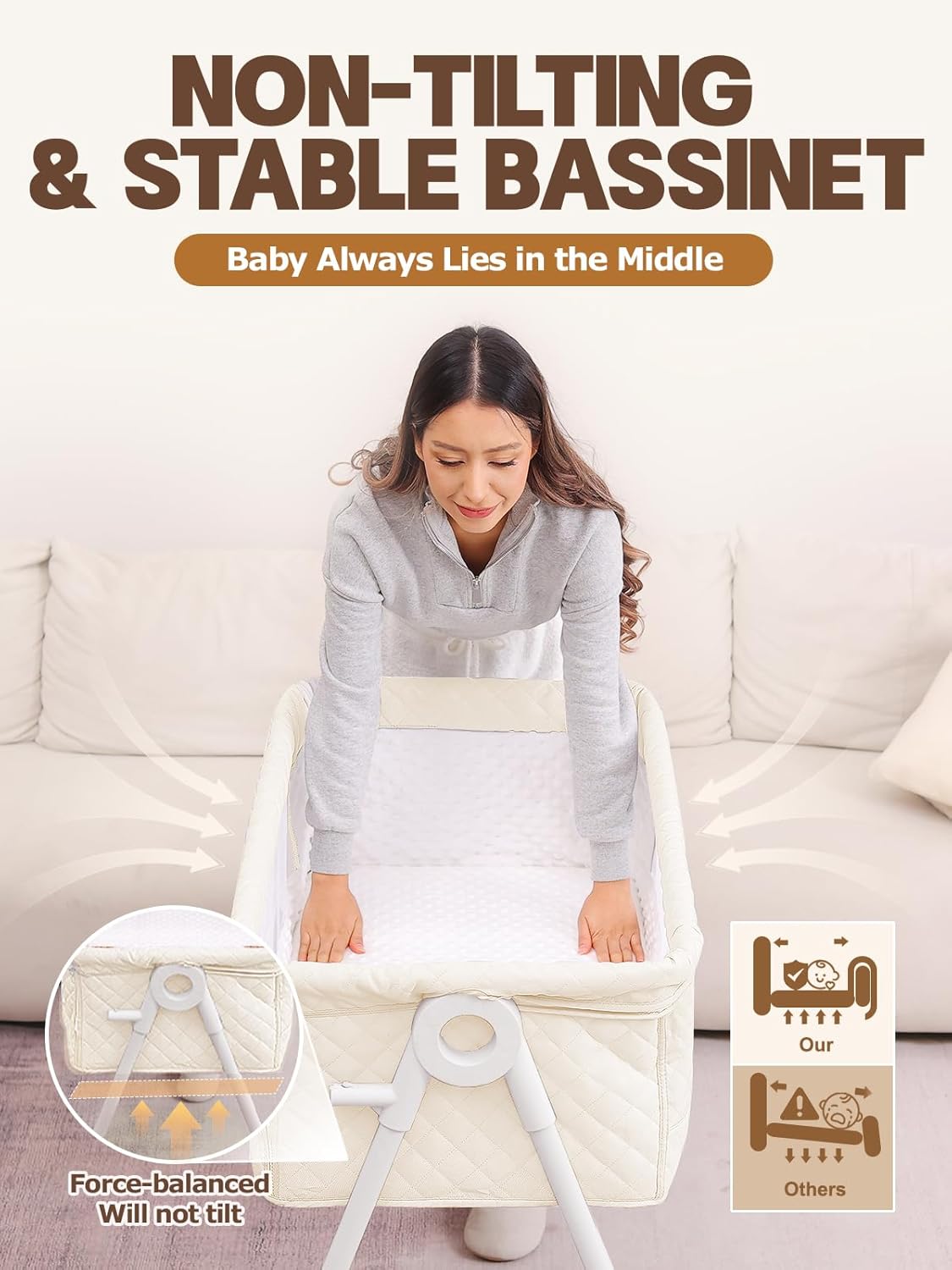 Baby Bassinet Bedside Sleeper - Upgrade Safety Bassinets with Crib Sheet, Easy to Move, 4 Adjustable Height Bedside Bassinet for Infant Newborn, Cream | More Safer, Easy Move, Storage Bag, Waterproof Sheet, Storage Bag, Easy to Install