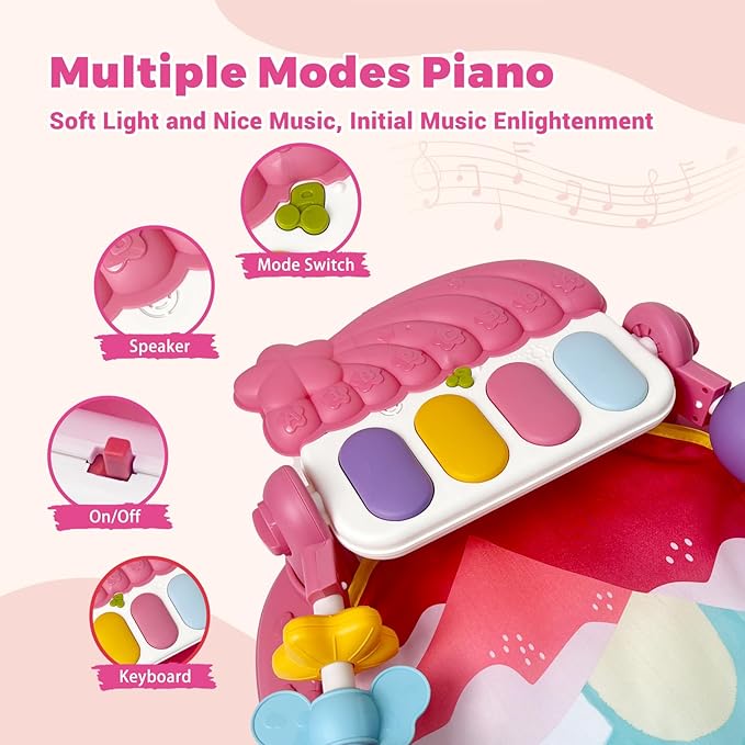 Cuterabit Baby Gym Play Mat, Musical Activity Center for Baby, Kick and Play Piano Gym, Tummy Time Play Mat for Newborn Babies Infants Boys Girls 0-3-6-9-12 Months (Pink)